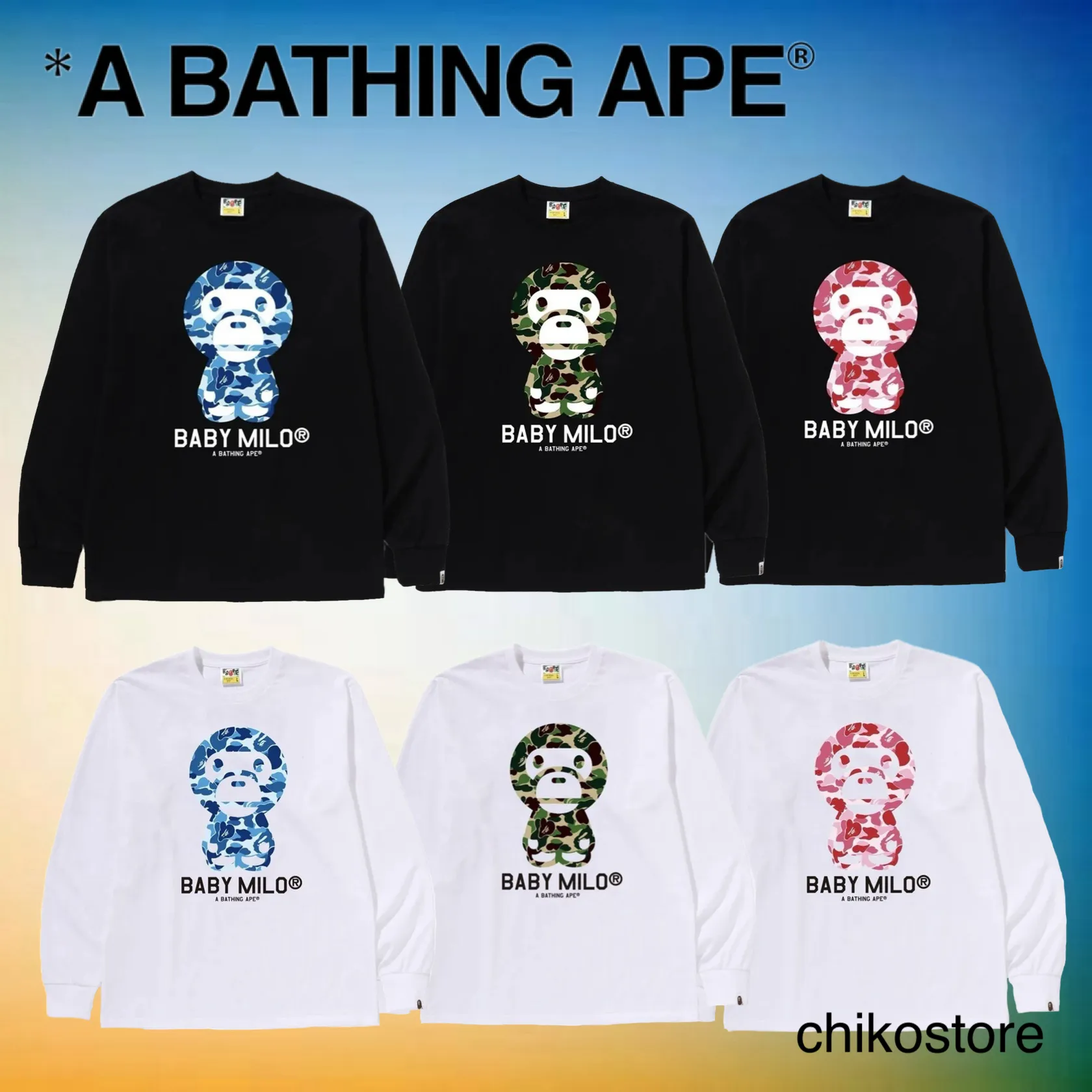 A BATHING APE  |Crew Neck Unisex Street Style Cotton Long Sleeve T-shirt