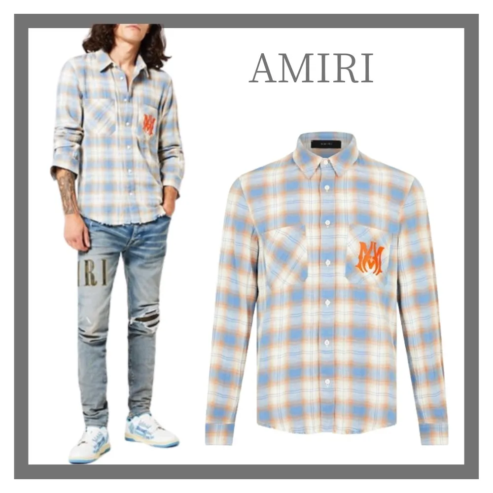 AMIRI  |Tartan Street Style Long Sleeves Cotton Logo Front Button