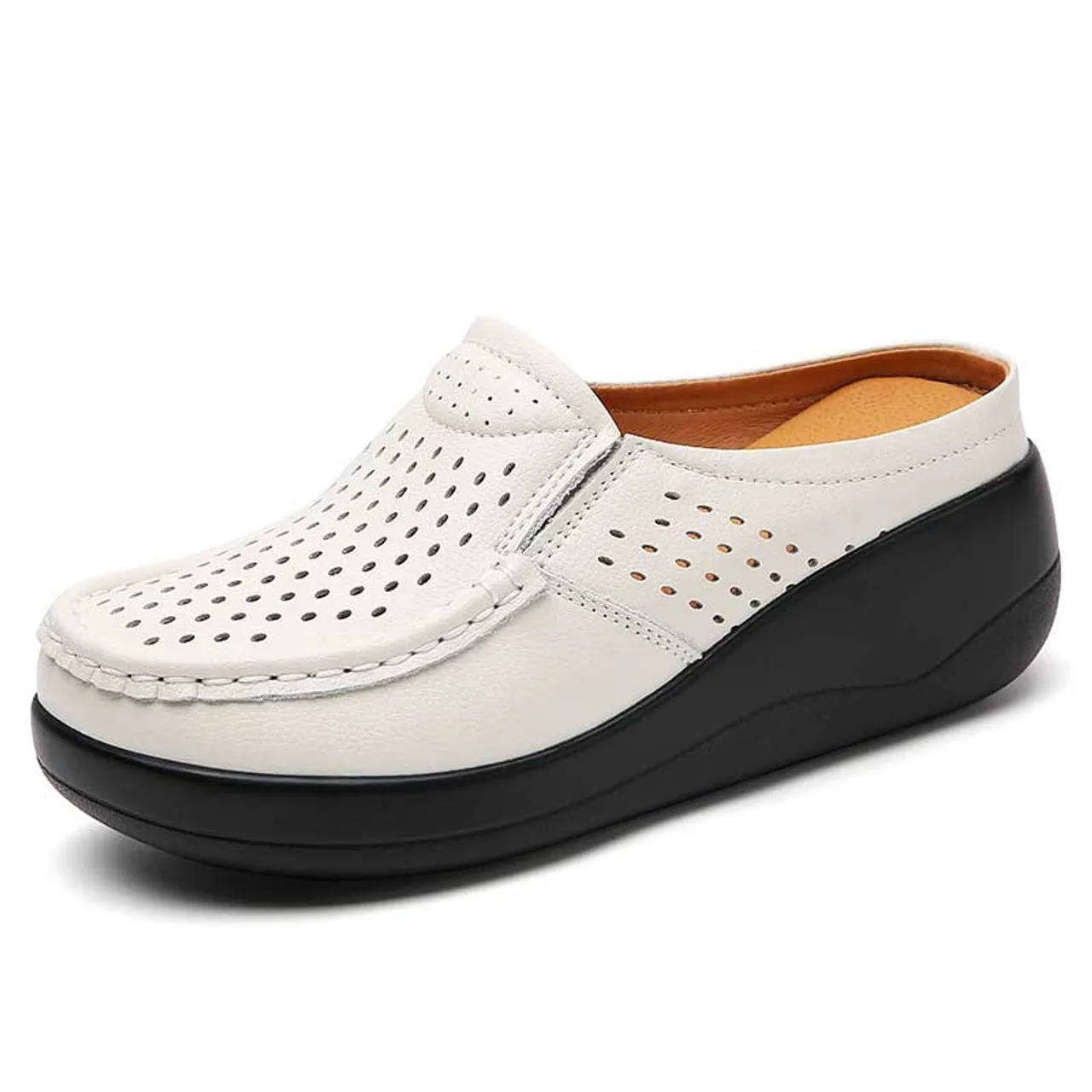 Beige hollow out casual slip on shoe mule