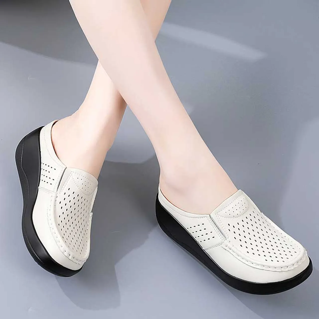 Beige hollow out casual slip on shoe mule