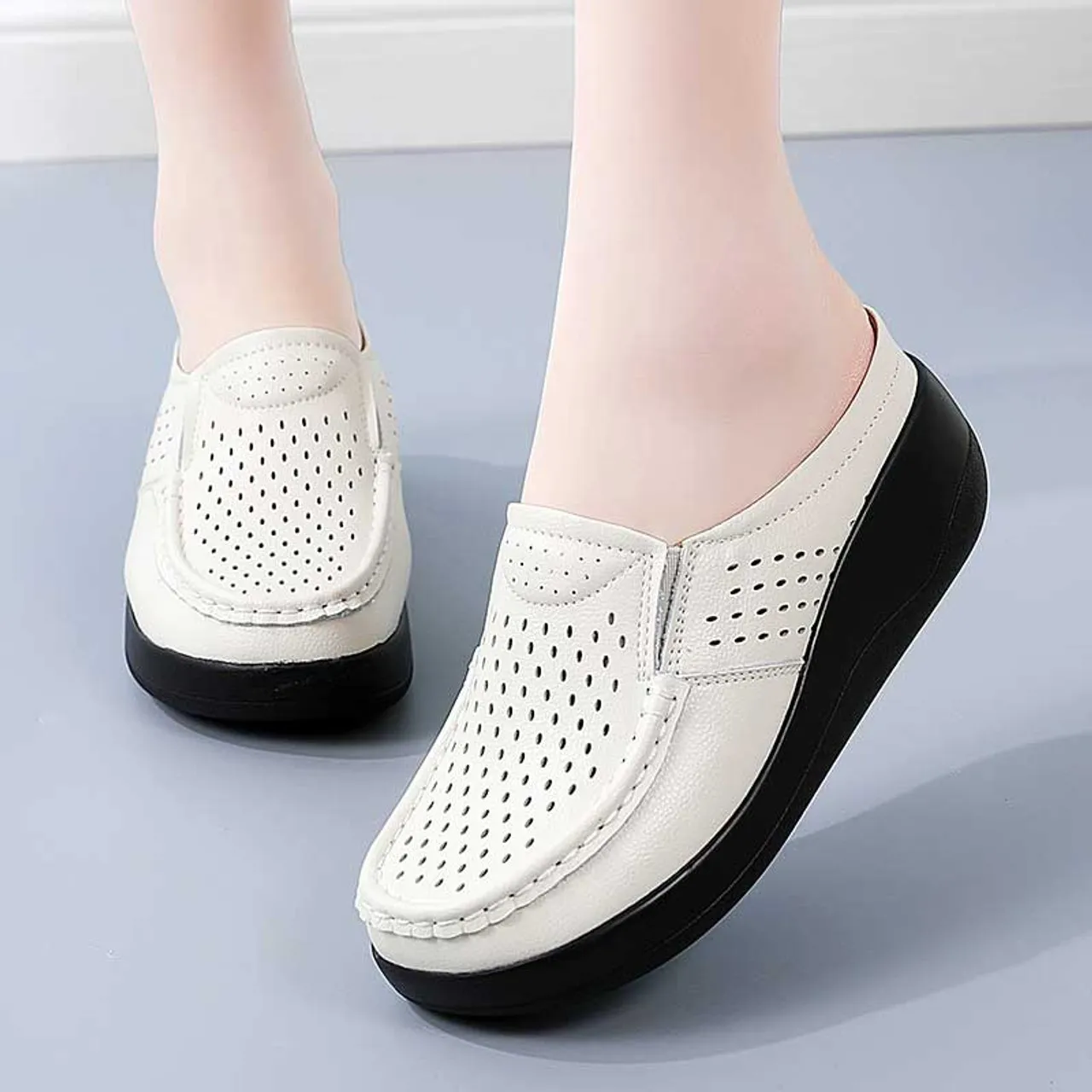 Beige hollow out casual slip on shoe mule