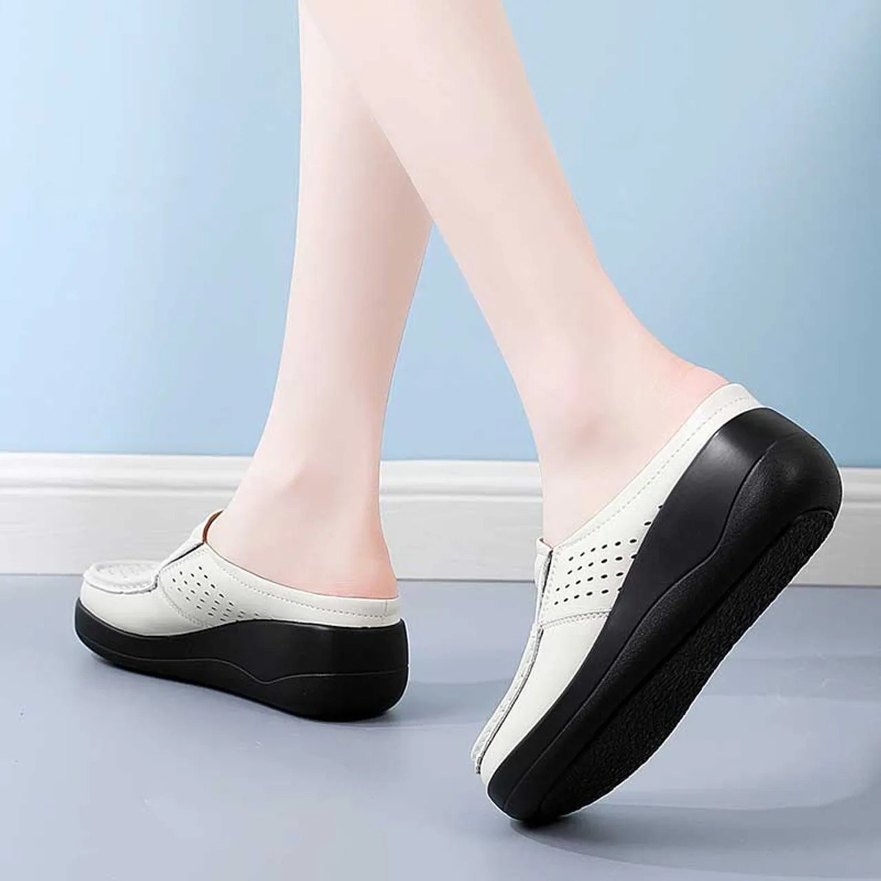 Beige hollow out casual slip on shoe mule