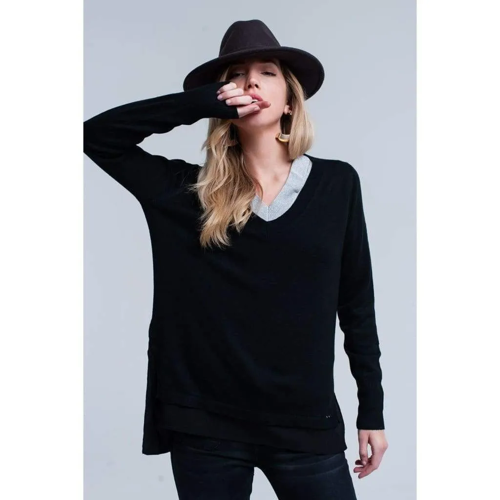 Black Ribbed V-Neck Sweater with Side Splits