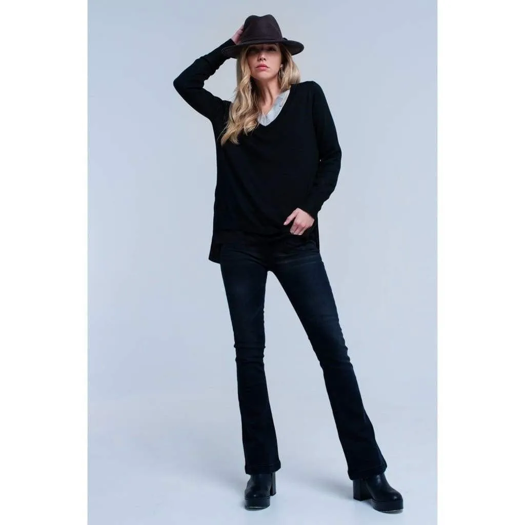 Black Ribbed V-Neck Sweater with Side Splits