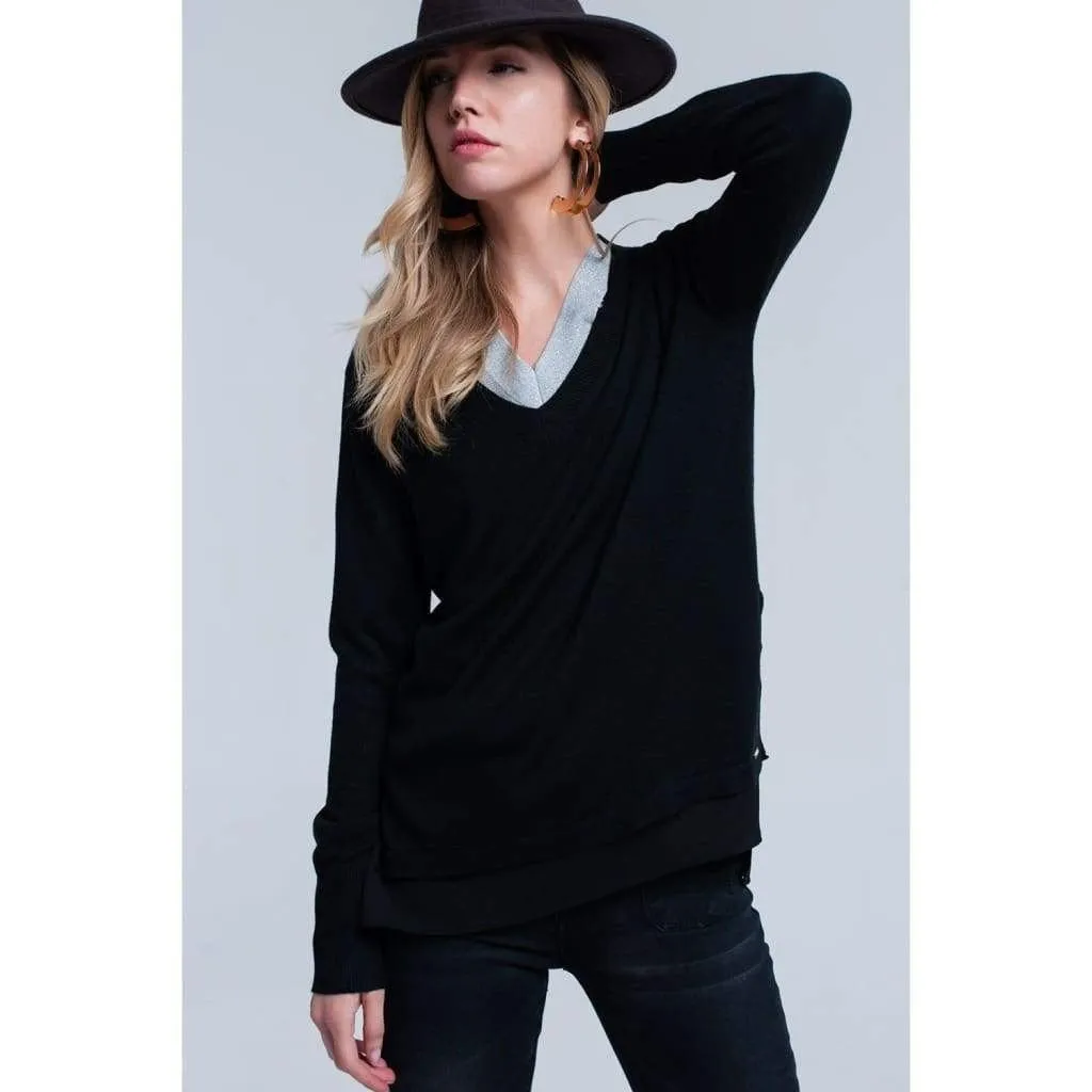 Black Ribbed V-Neck Sweater with Side Splits