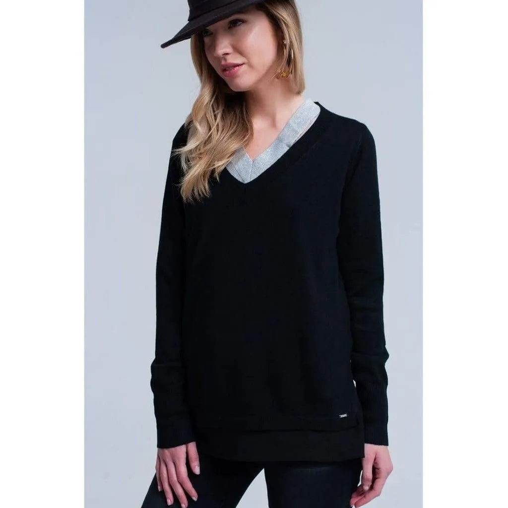 Black Ribbed V-Neck Sweater with Side Splits