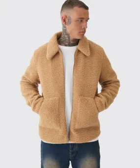 boohooMAN Mens Tall Borg Harrington Jacket In Tan