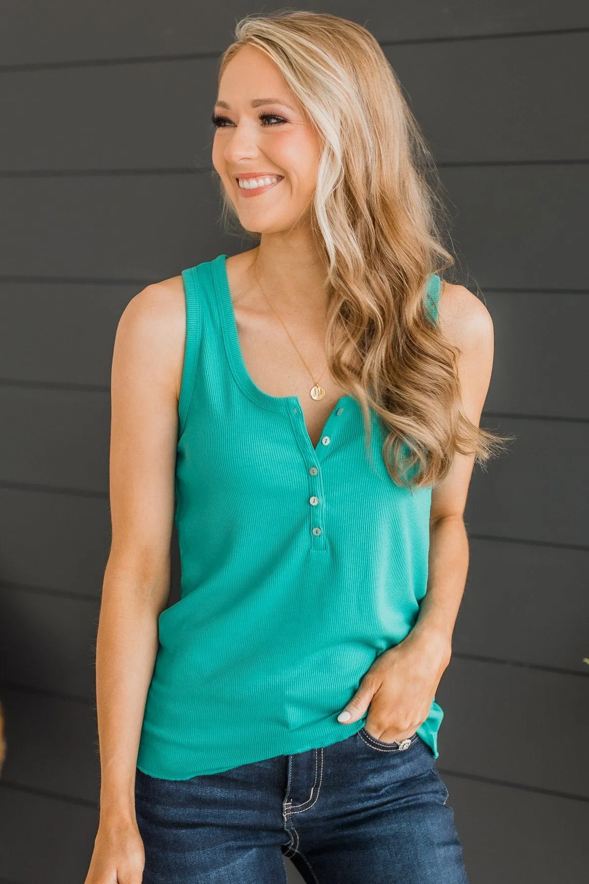 Bound To Be Beautiful Button Henley Tank Top- Turquoise