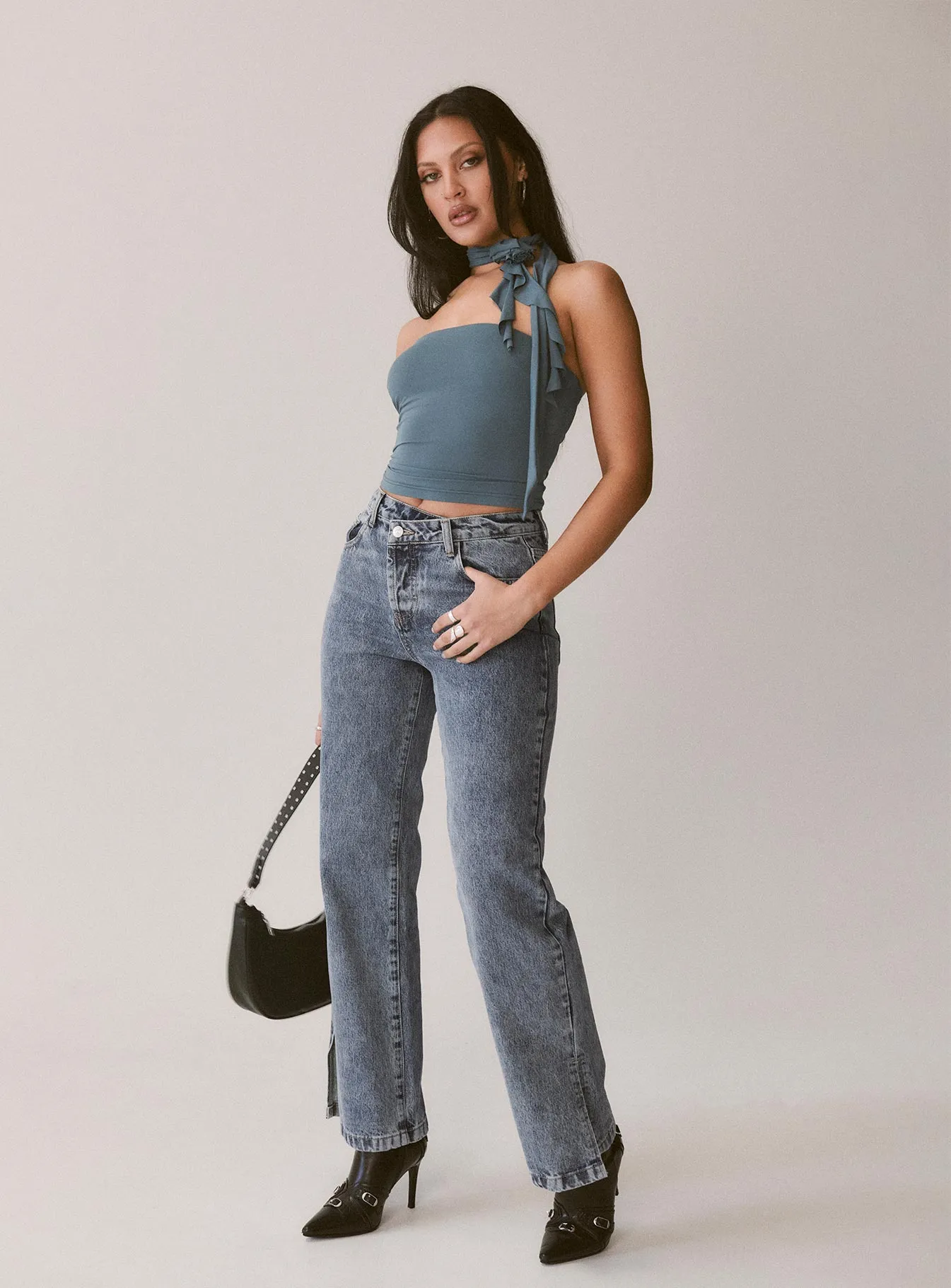 Brunell Asymmetrical Waistband Jeans Mid Wash