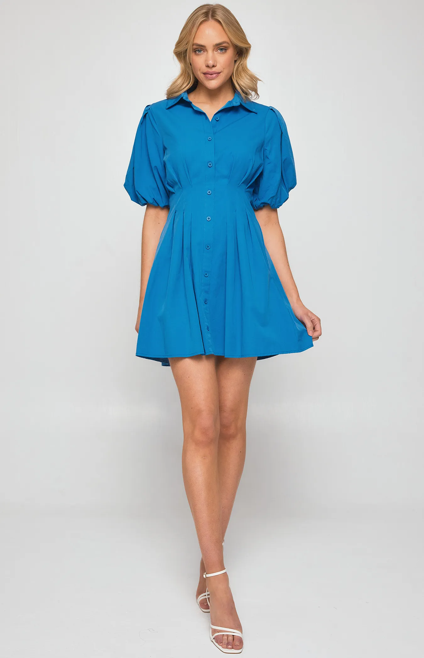 Bubble Sleeve Shirt Dress with Pleated Front Details (SDR1251A) 