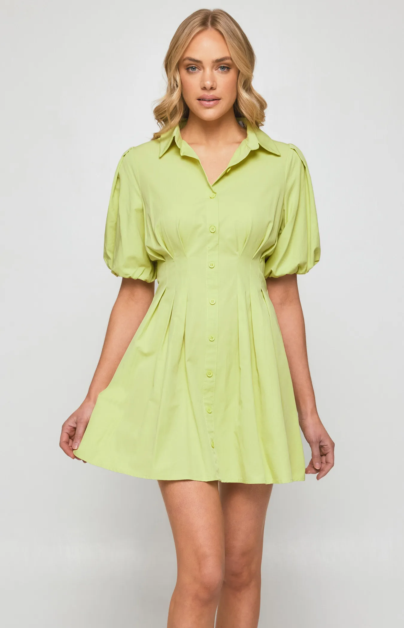 Bubble Sleeve Shirt Dress with Pleated Front Details (SDR1251A) 