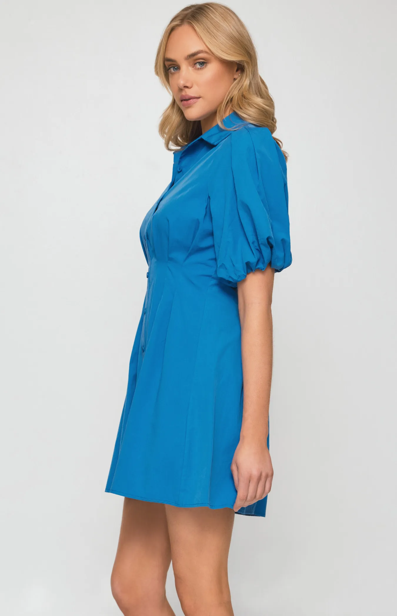 Bubble Sleeve Shirt Dress with Pleated Front Details (SDR1251A) 