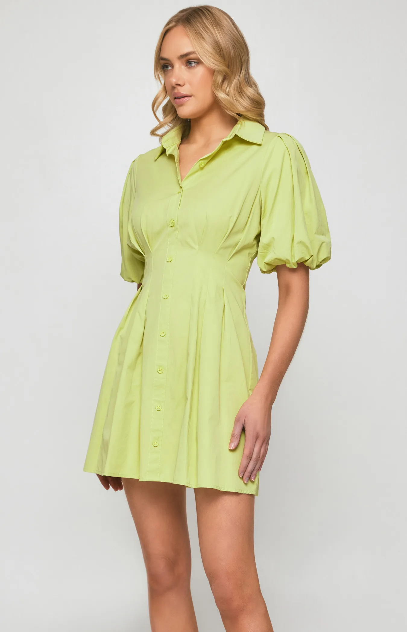 Bubble Sleeve Shirt Dress with Pleated Front Details (SDR1251A) 