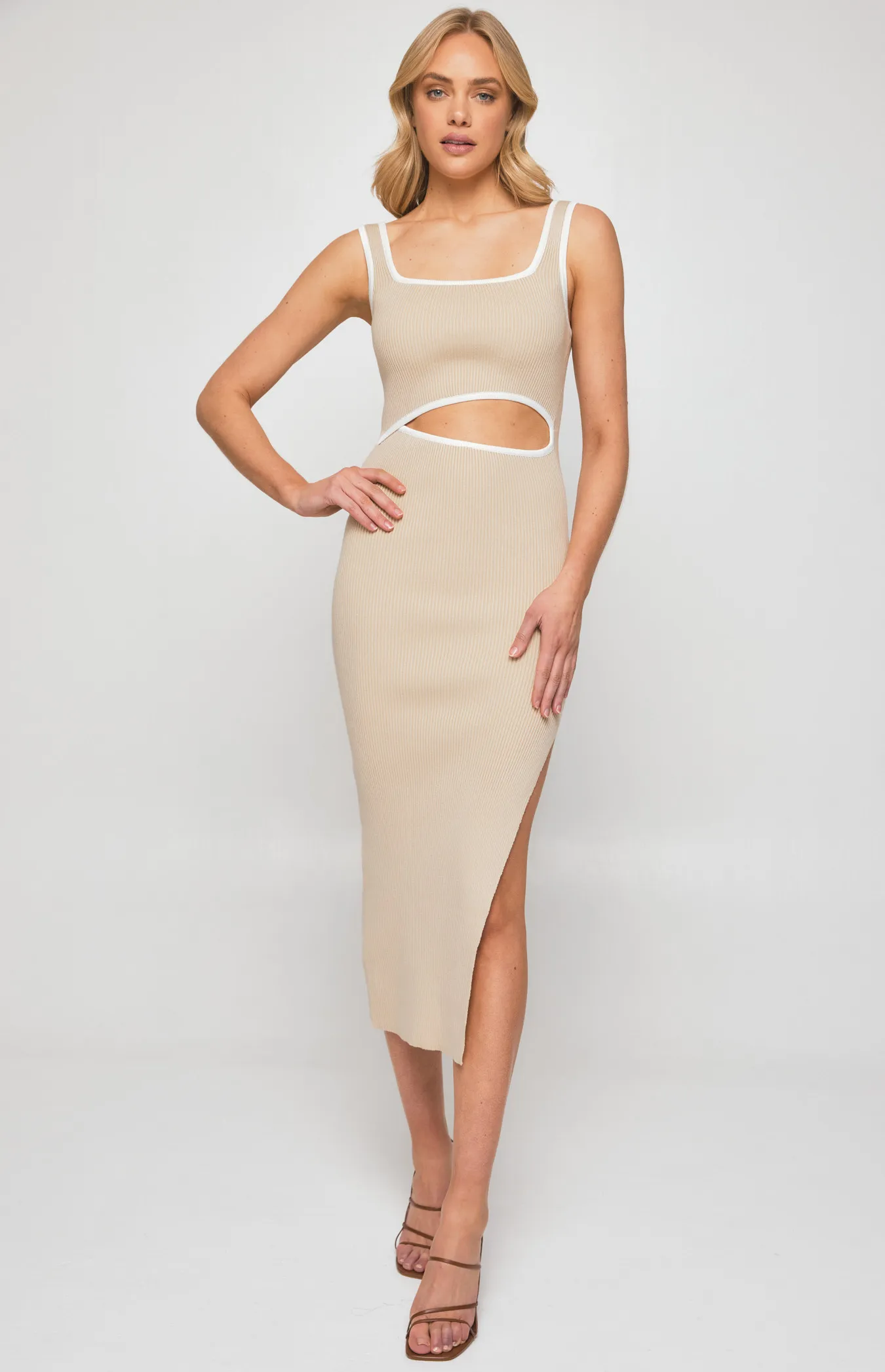 Contrast Binding Knit Dress with Asymmetric Cut Out (WKN444)