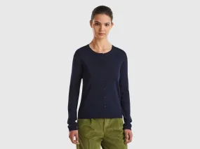 Crew neck cardigan in pure cotton - Dark Blue | Benetton