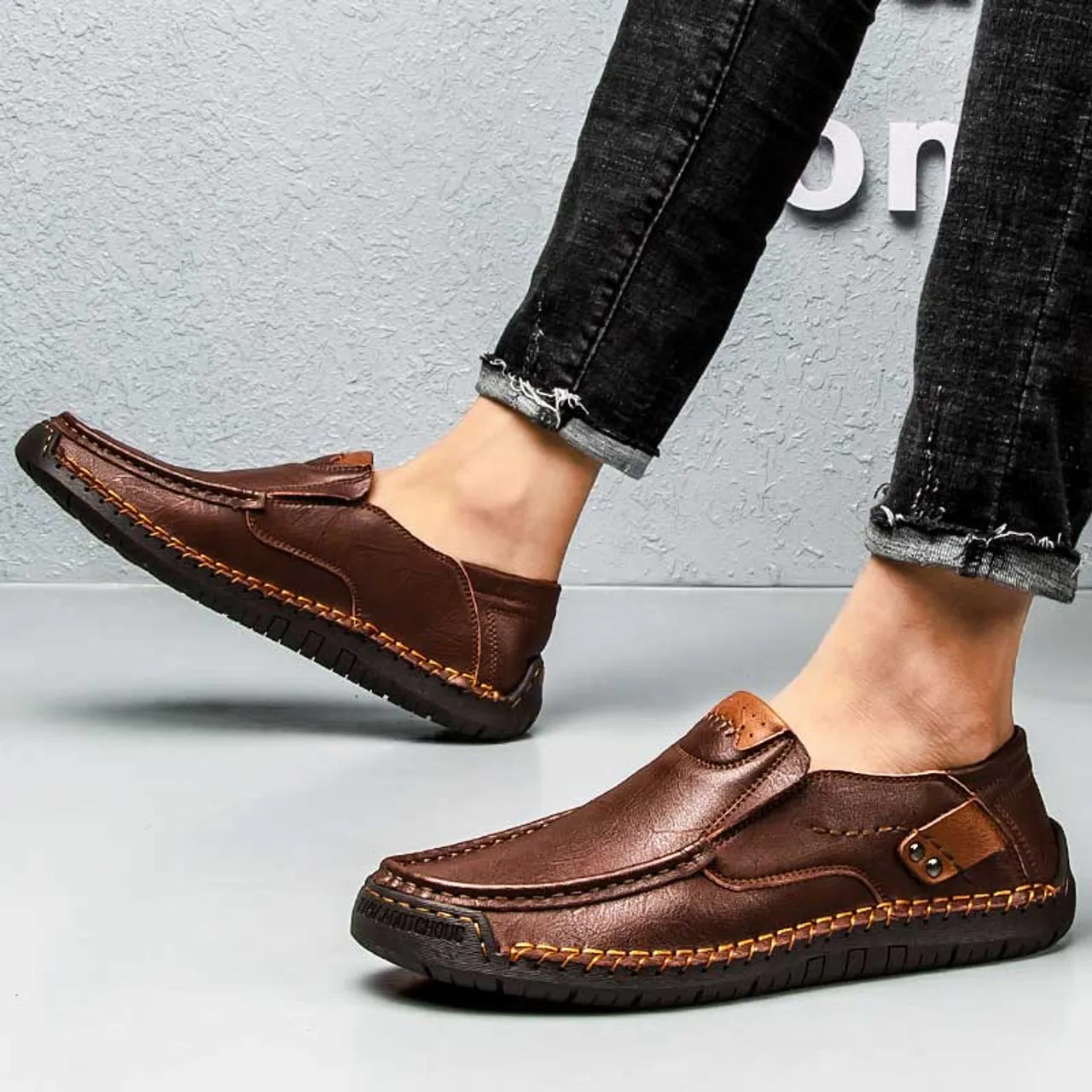 Dark brown sewn accents casual slip on shoe loafer