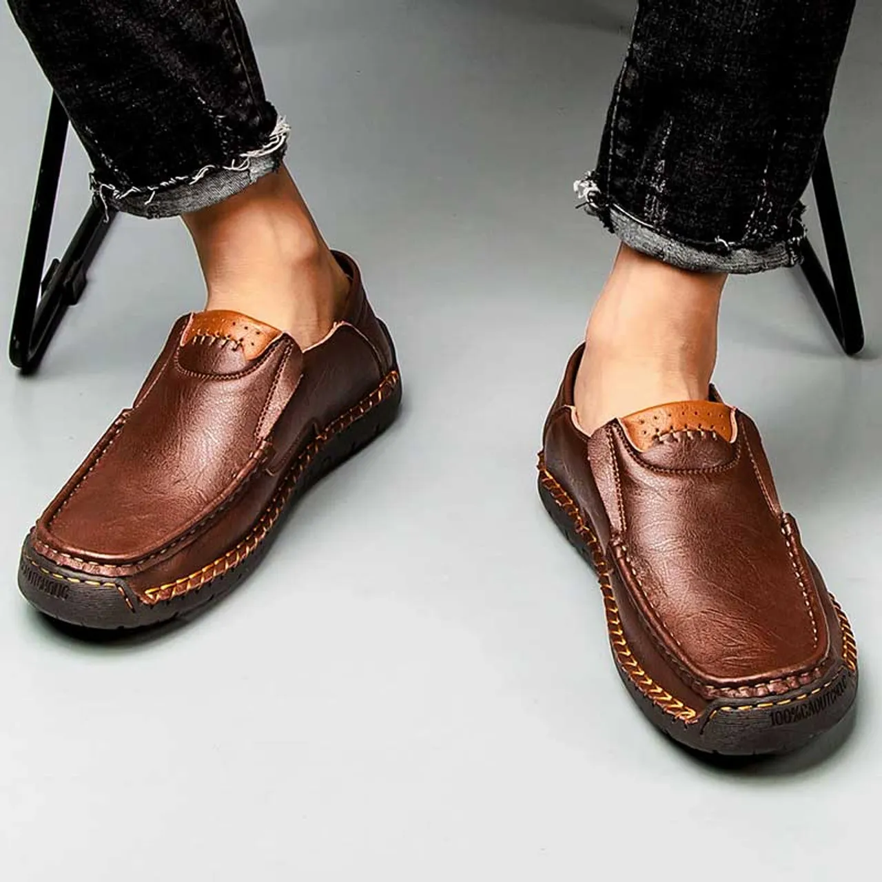 Dark brown sewn accents casual slip on shoe loafer