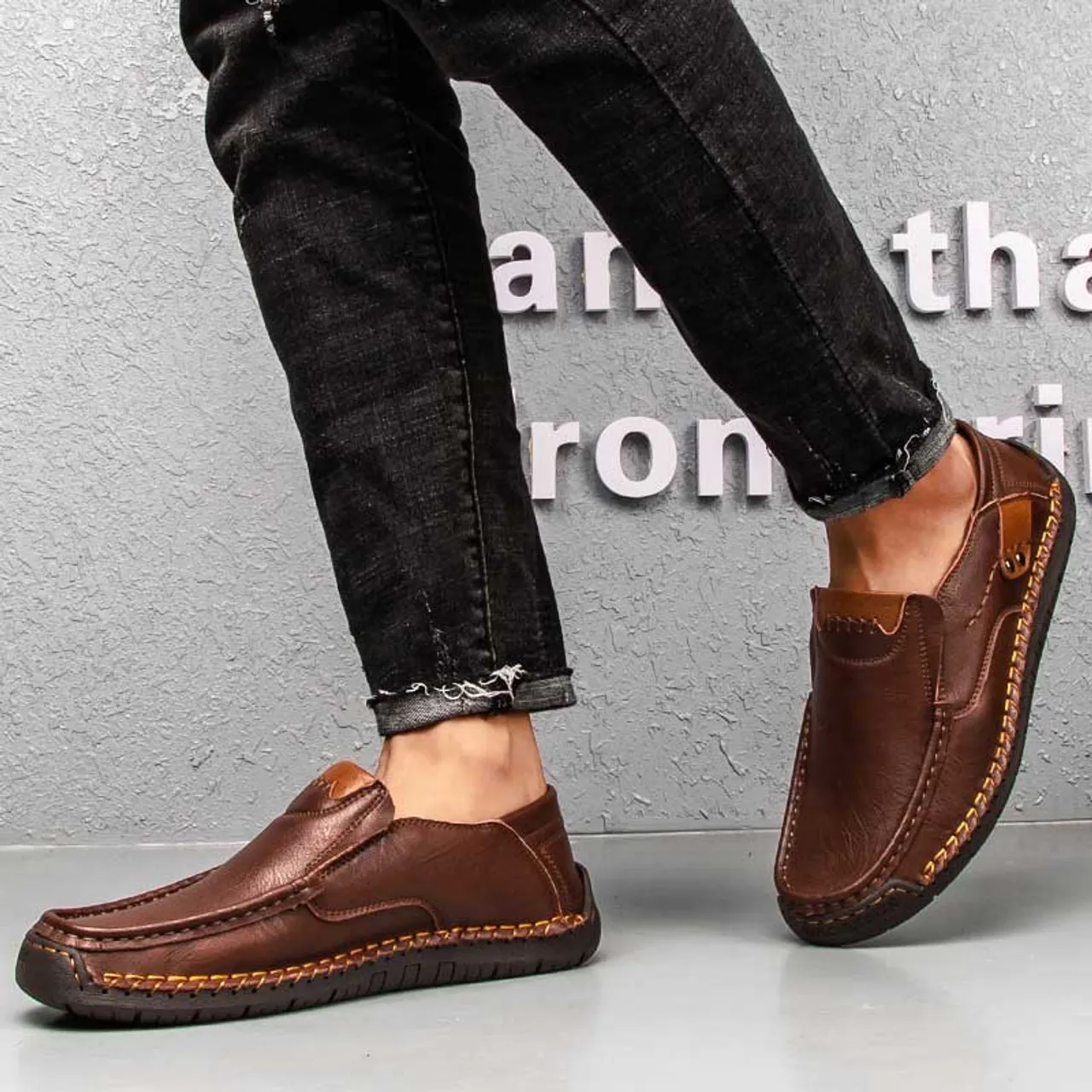 Dark brown sewn accents casual slip on shoe loafer