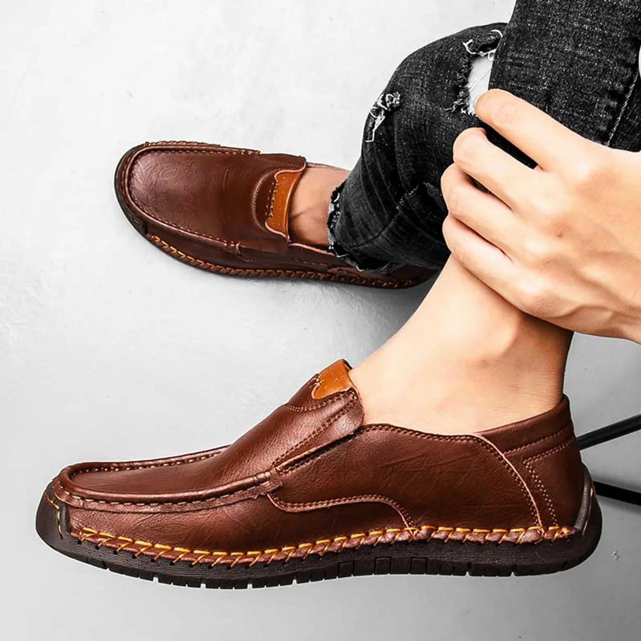 Dark brown sewn accents casual slip on shoe loafer