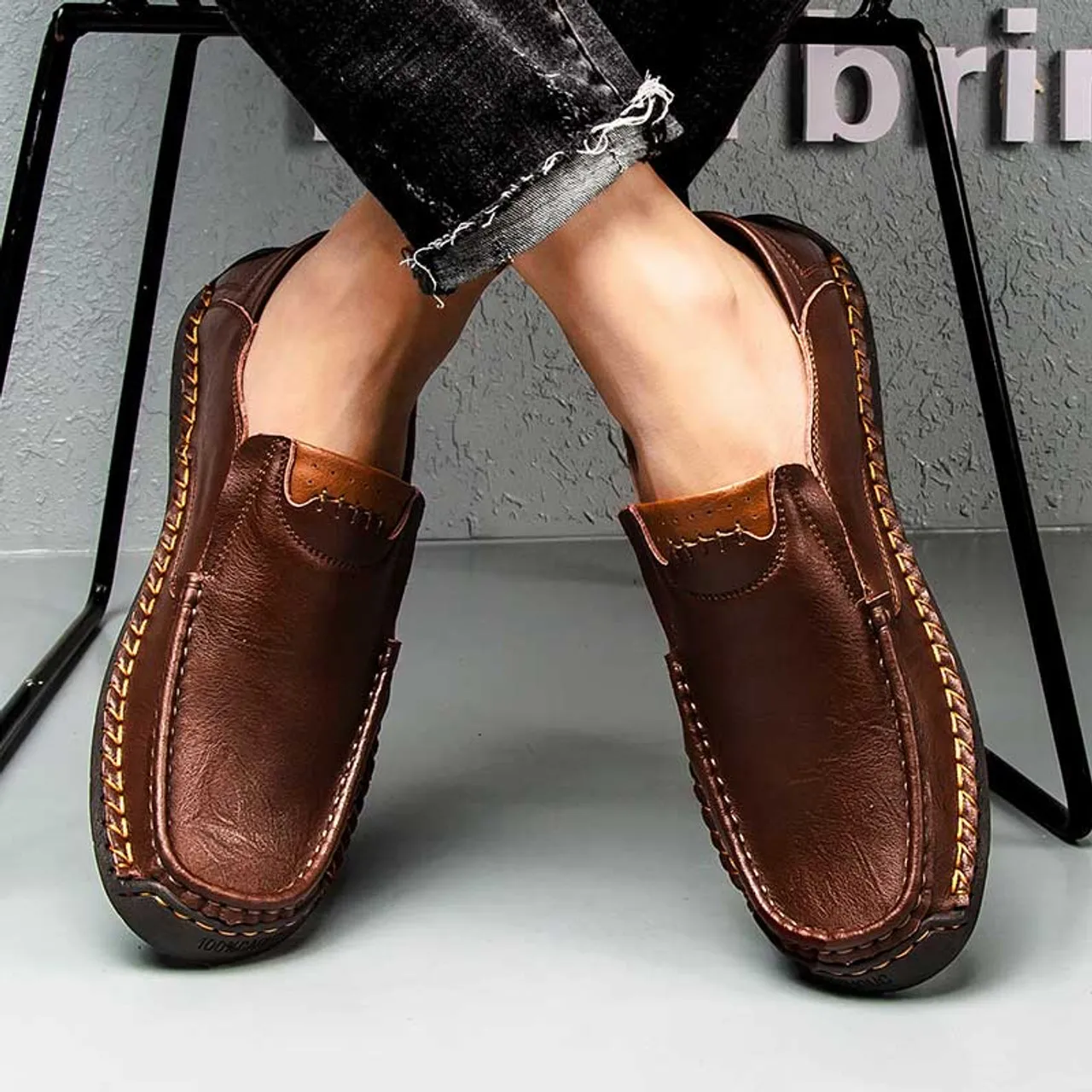 Dark brown sewn accents casual slip on shoe loafer