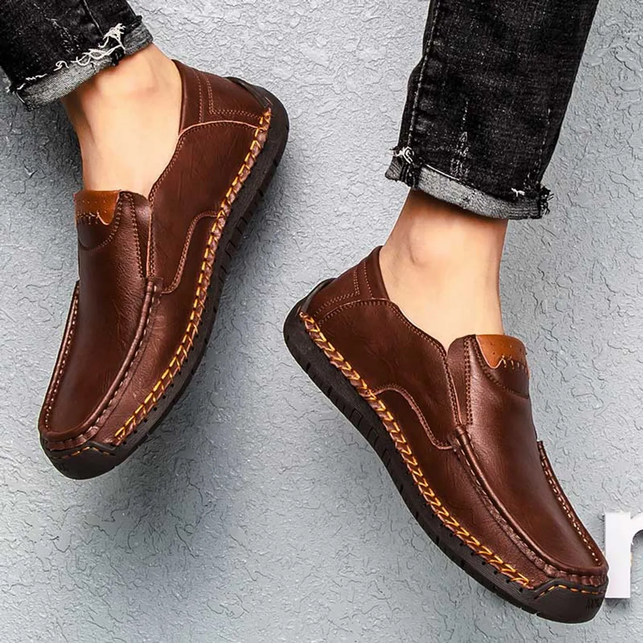 Dark brown sewn accents casual slip on shoe loafer