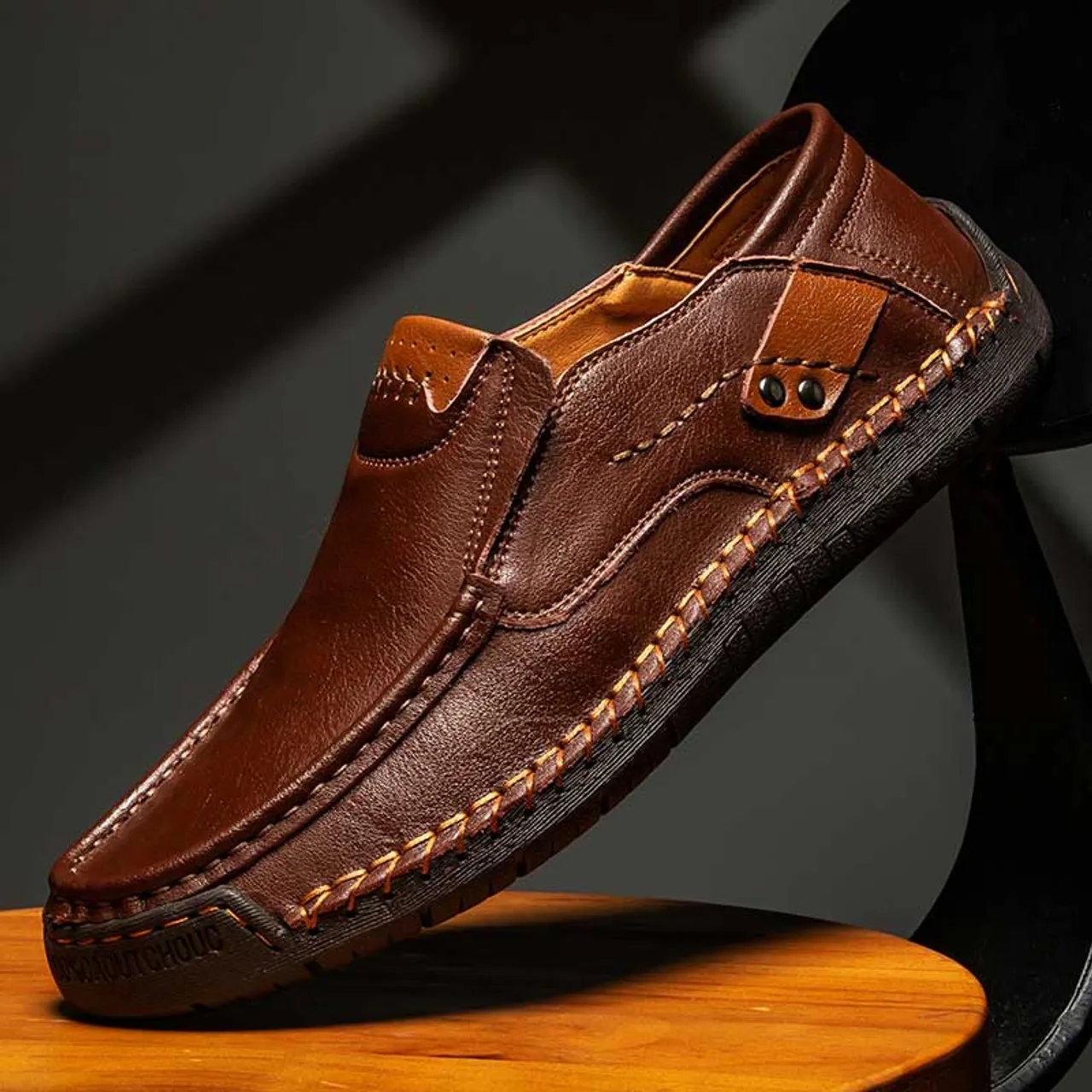 Dark brown sewn accents casual slip on shoe loafer