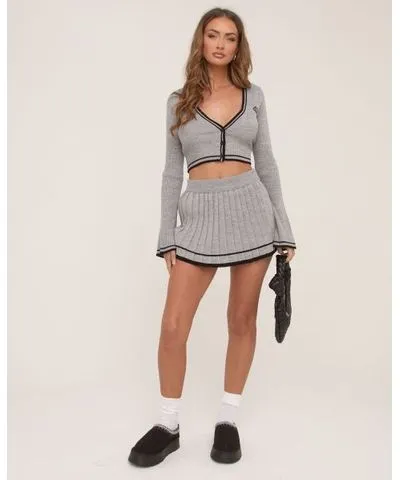 EGO Mid Rise Contrast Stripe Pleated Mini Skirt In Grey Knit