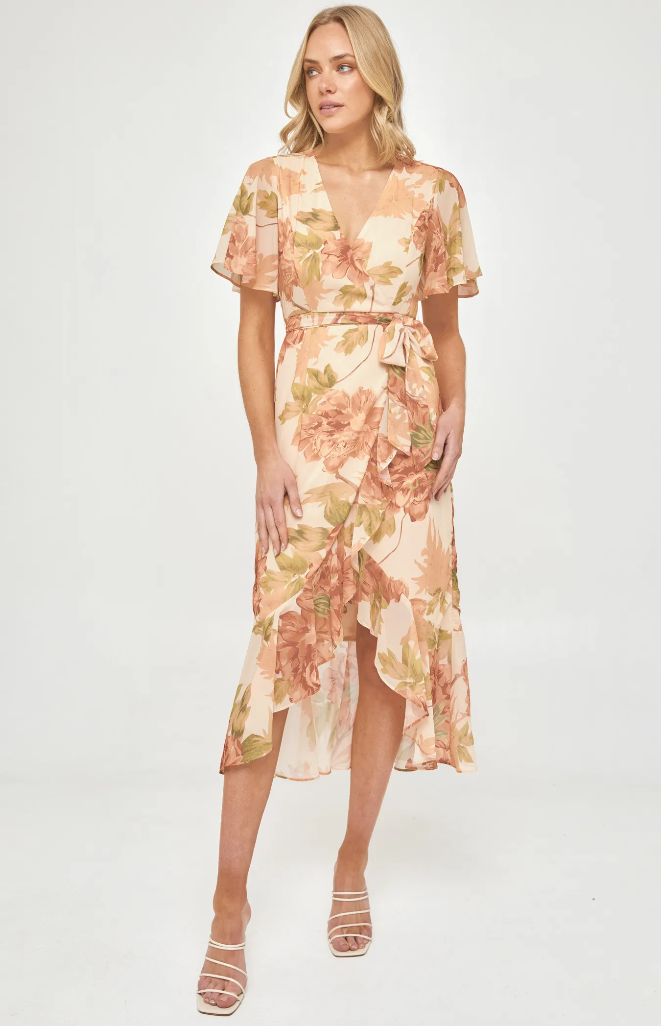 Floral Butterfly Sleeve Waterfall Hem Midi Dress (ADR1105-3A)