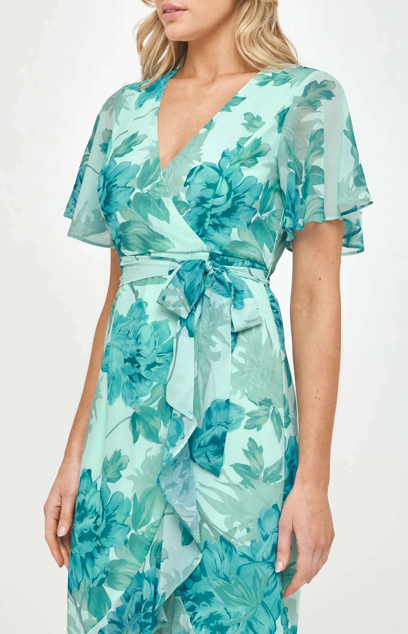 Floral Butterfly Sleeve Waterfall Hem Midi Dress (ADR1105-3A)