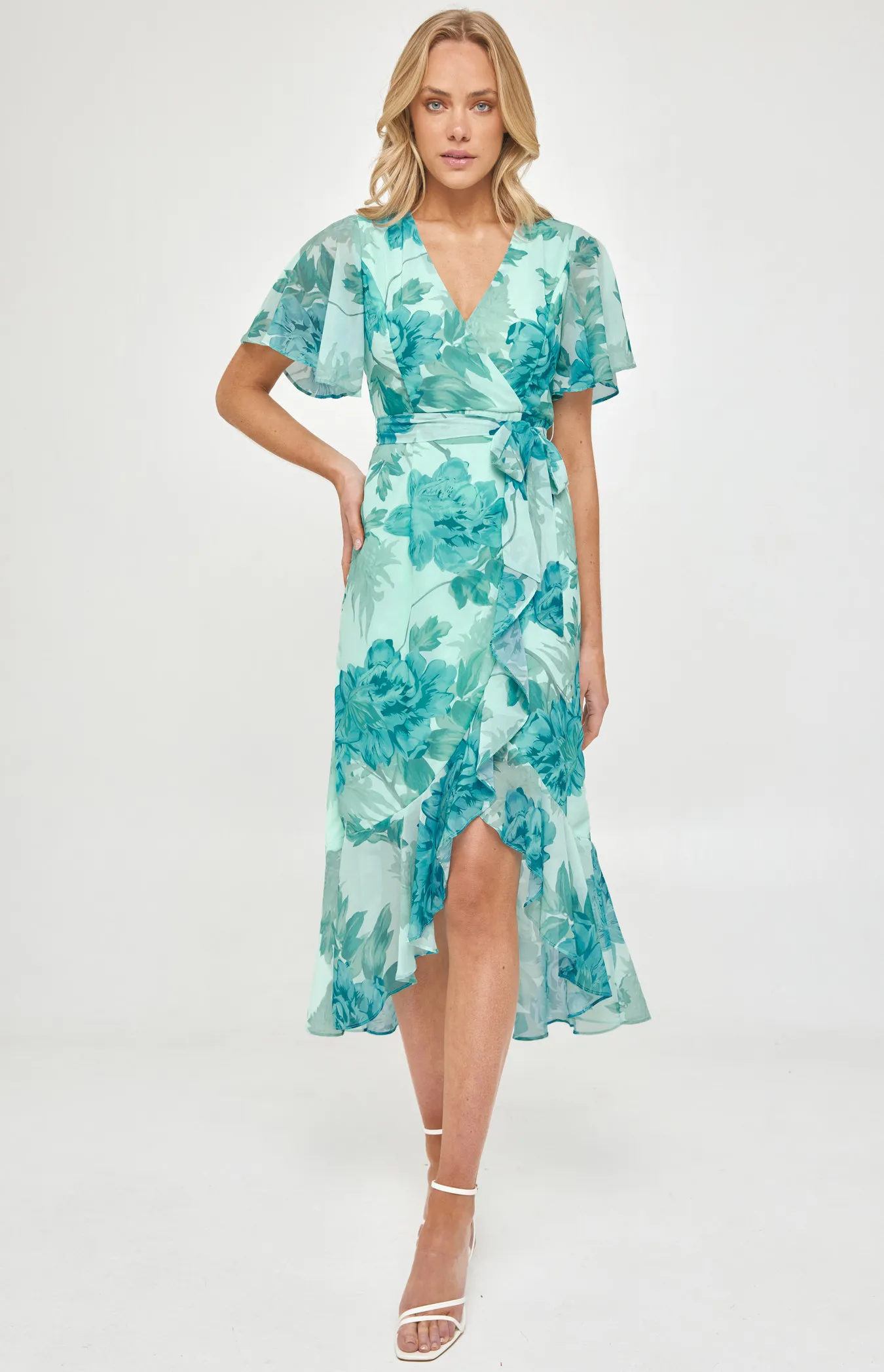 Floral Butterfly Sleeve Waterfall Hem Midi Dress (ADR1105-3A)