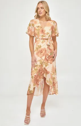 Floral Butterfly Sleeve Waterfall Hem Midi Dress (ADR1105-3A)