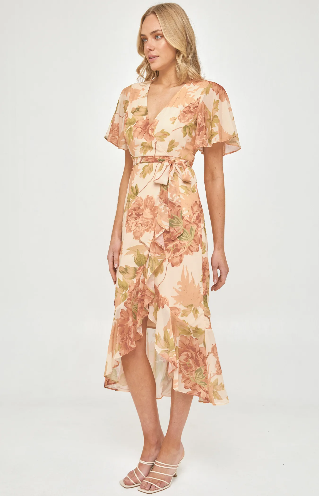 Floral Butterfly Sleeve Waterfall Hem Midi Dress (ADR1105-3A)