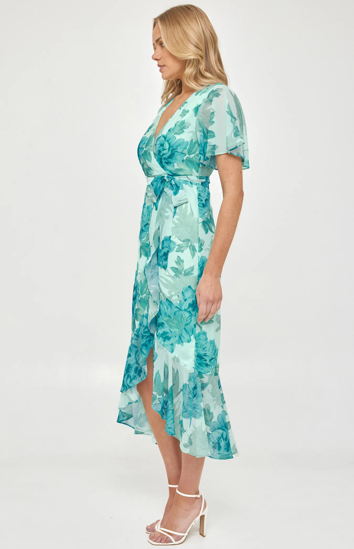 Floral Butterfly Sleeve Waterfall Hem Midi Dress (ADR1105-3A)