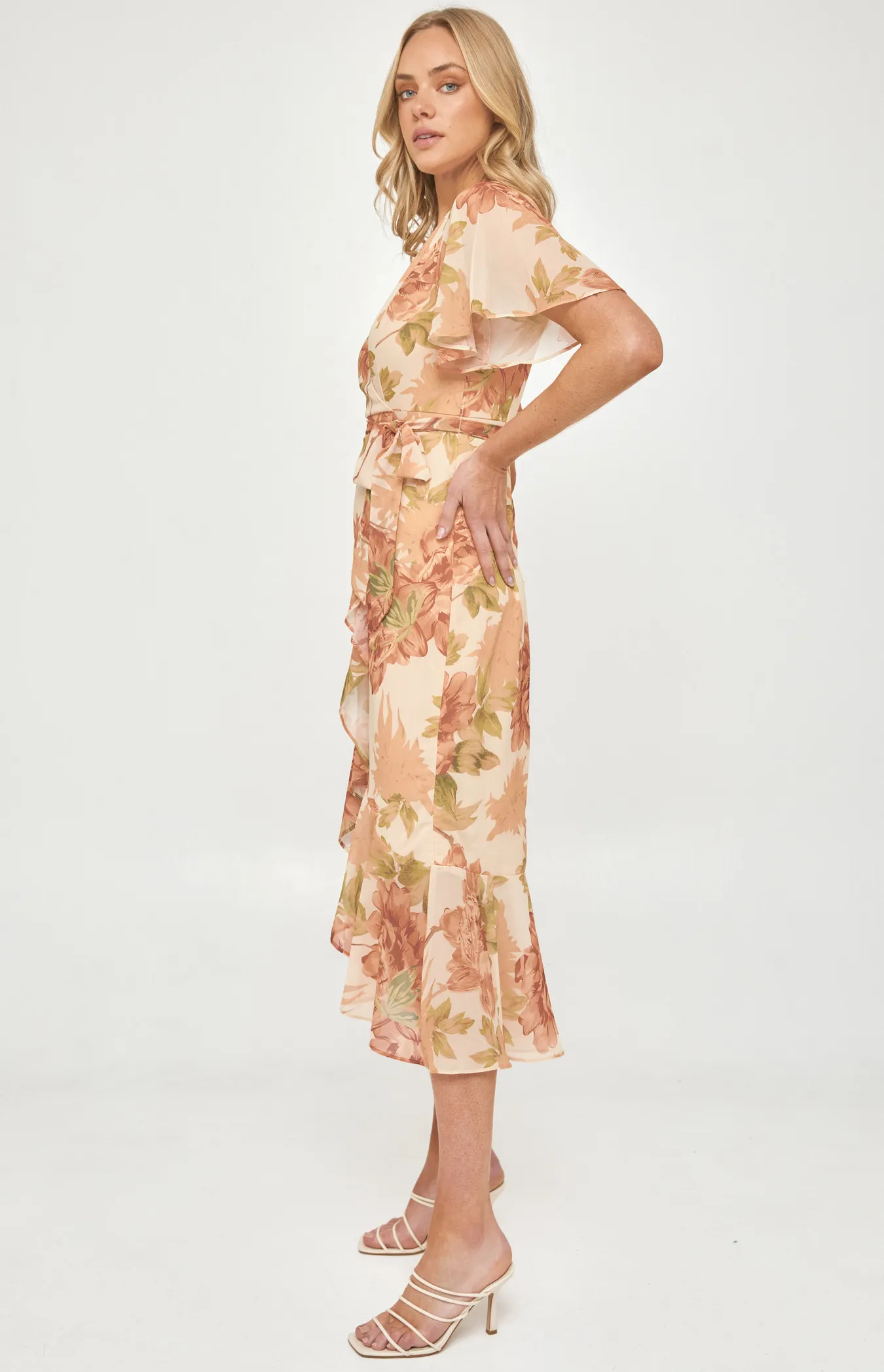 Floral Butterfly Sleeve Waterfall Hem Midi Dress (ADR1105-3A)