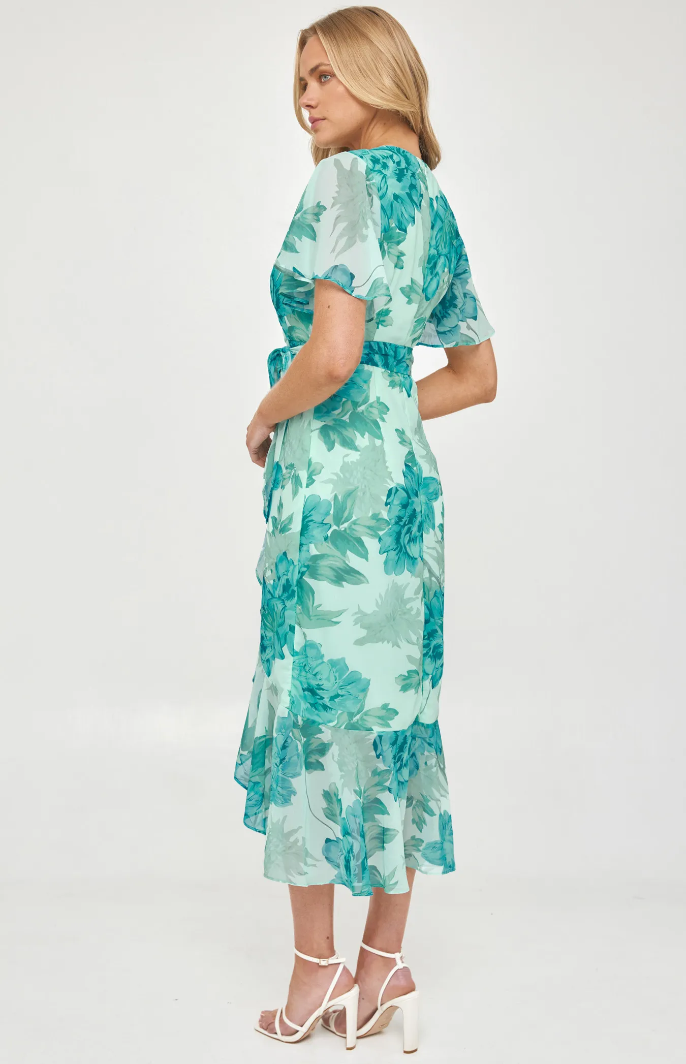 Floral Butterfly Sleeve Waterfall Hem Midi Dress (ADR1105-3A)