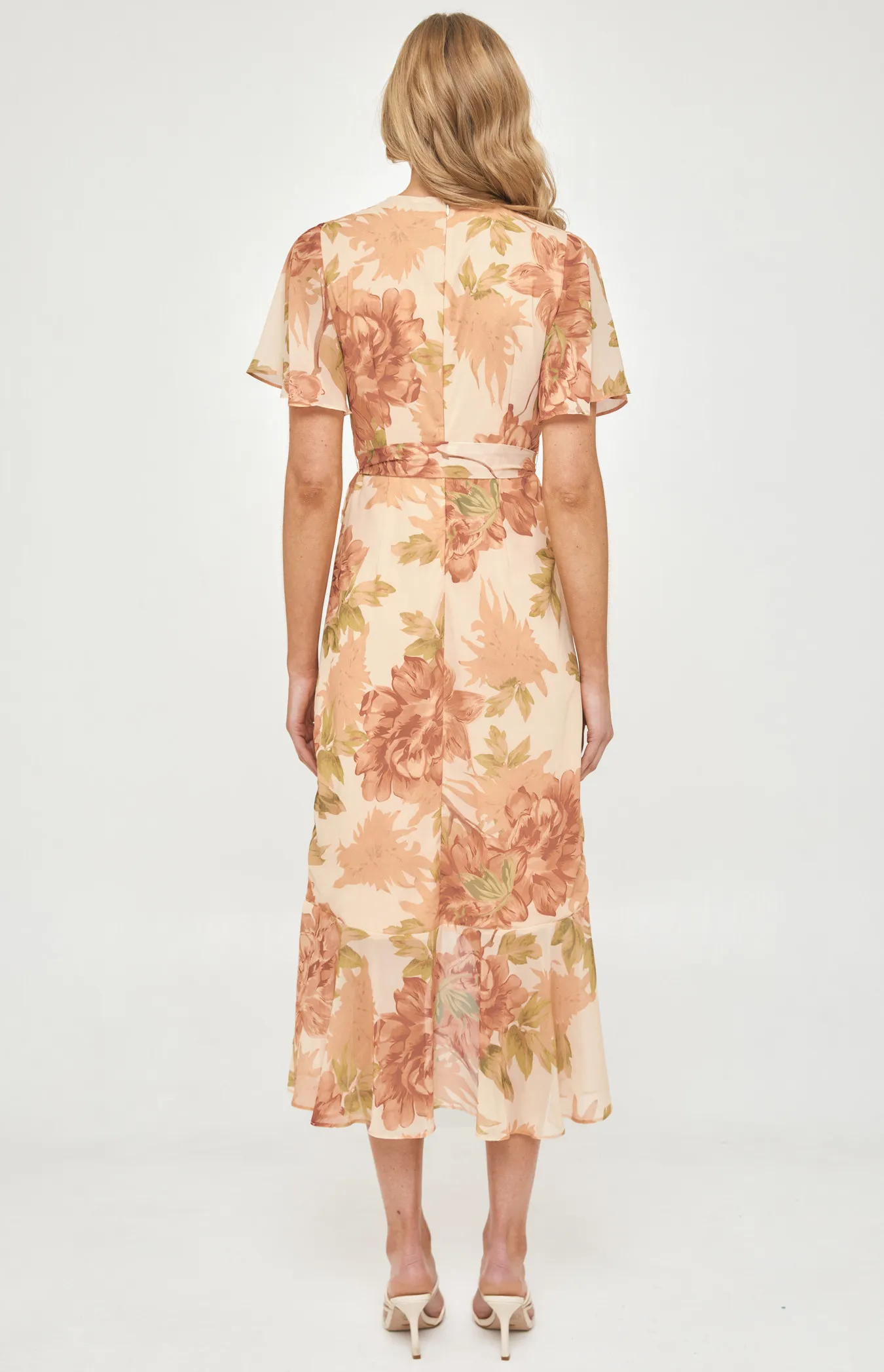 Floral Butterfly Sleeve Waterfall Hem Midi Dress (ADR1105-3A)