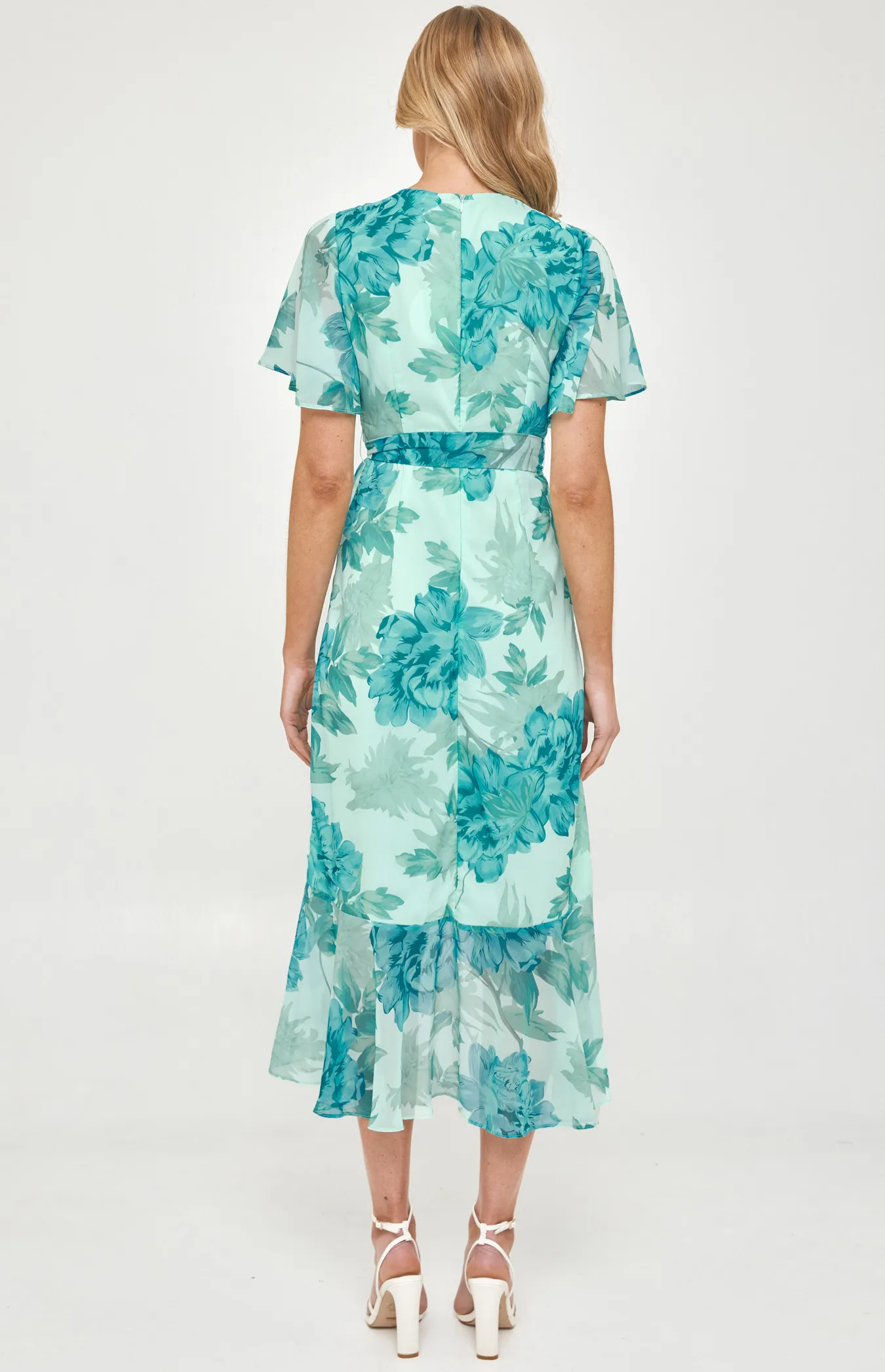 Floral Butterfly Sleeve Waterfall Hem Midi Dress (ADR1105-3A)