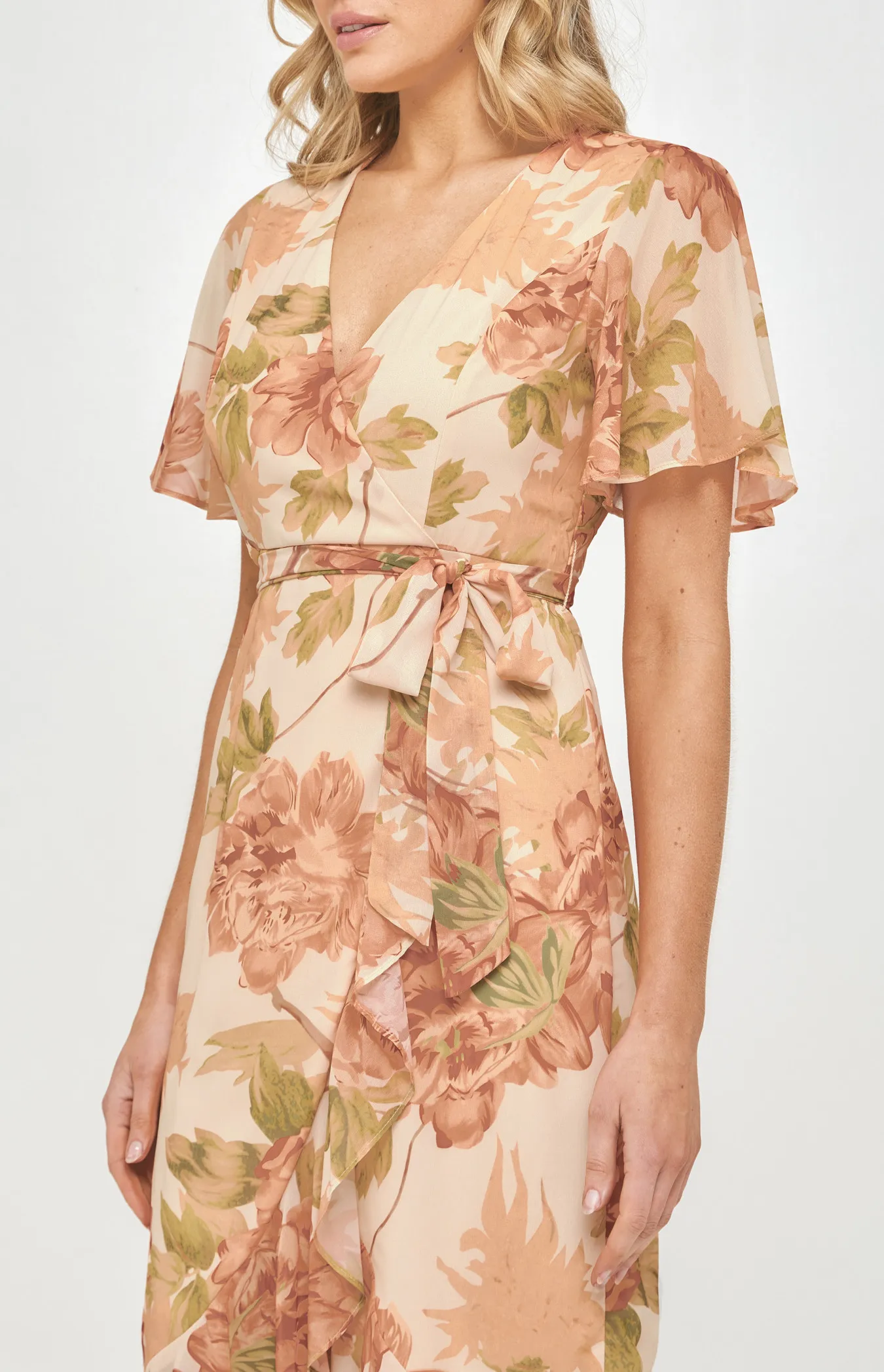 Floral Butterfly Sleeve Waterfall Hem Midi Dress (ADR1105-3A)