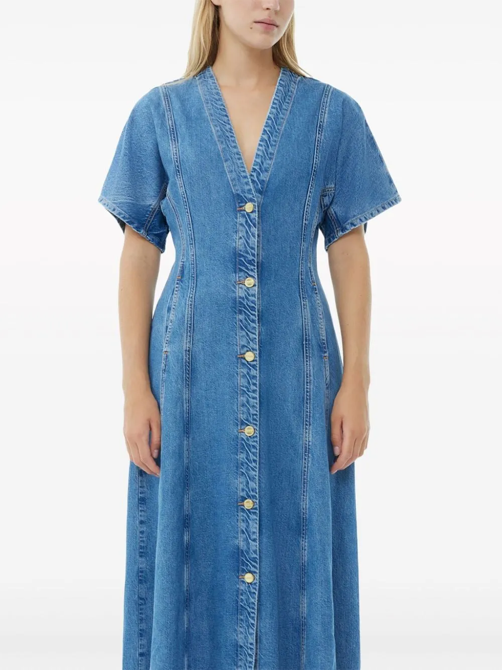 Ganni Future Denim Maxi Dress in Mid Blue Stone