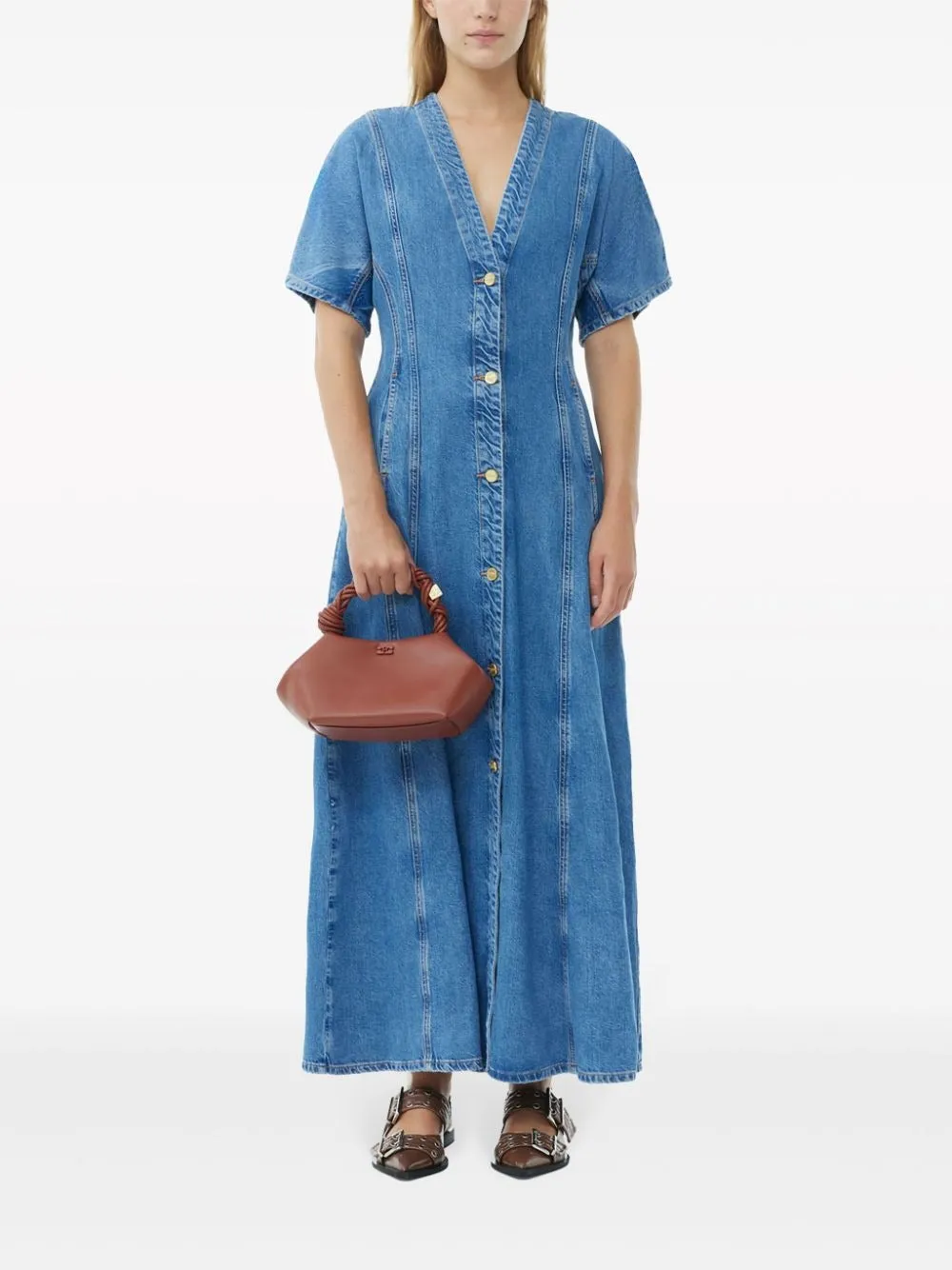 Ganni Future Denim Maxi Dress in Mid Blue Stone