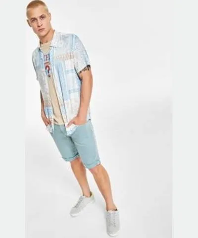 Guess Mens Patchwork Button Down Shirt Mosaic Triangle Logo Graphic T Shirt Regular Fit Stretch Denim Shorts