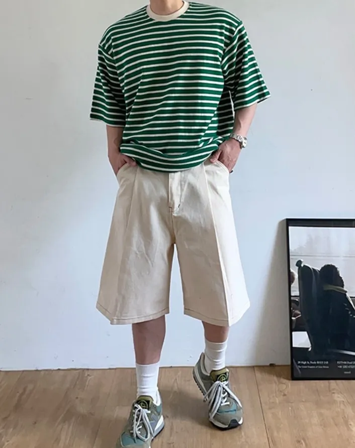 HUE  |Crew Neck Stripes Unisex Street Style Cotton Short Sleeves