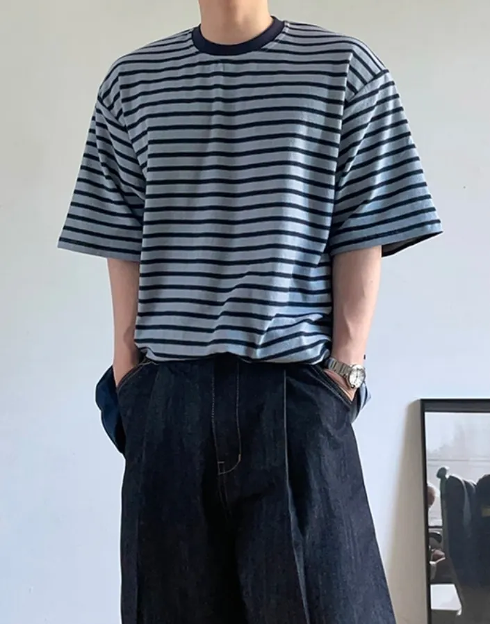 HUE  |Crew Neck Stripes Unisex Street Style Cotton Short Sleeves