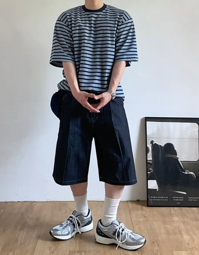 HUE  |Crew Neck Stripes Unisex Street Style Cotton Short Sleeves