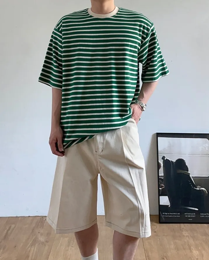 HUE  |Crew Neck Stripes Unisex Street Style Cotton Short Sleeves