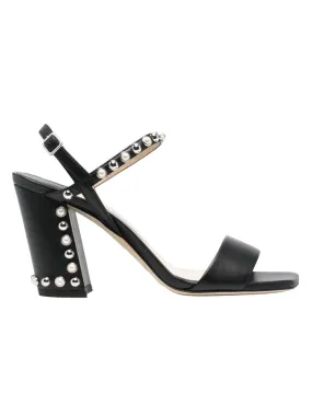 JIMMY CHOO Womens Black Studded Padded Embellished Goring Aadra 85 Square Toe Block Heel Buckle Leather Heeled