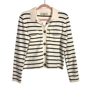 Loft Cream/Navy Striped Collared Button Front Cardigan Sweater NWT- Size XS