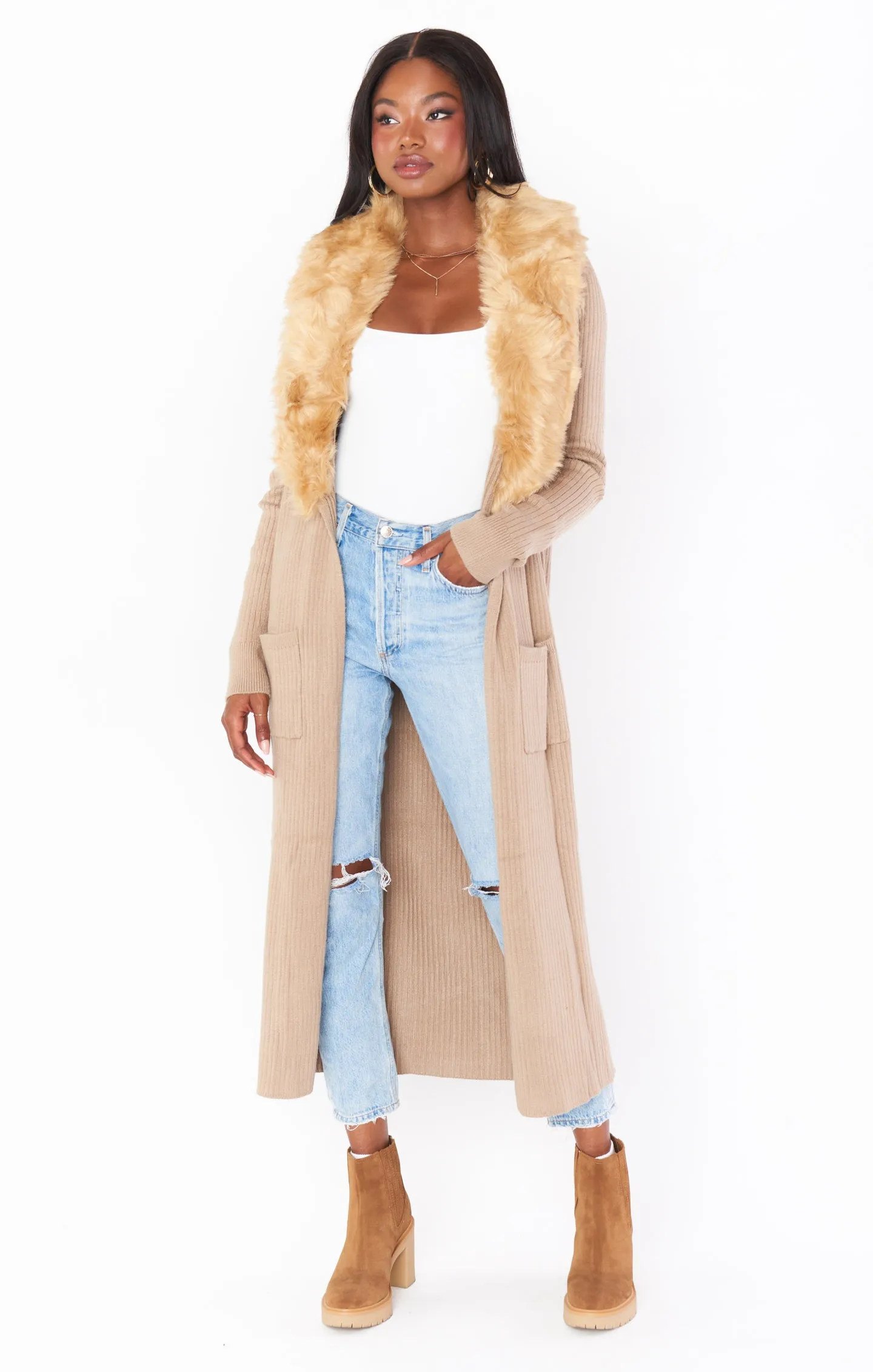 Lombardi Long Cardi ~ Taupe with Faux Fur