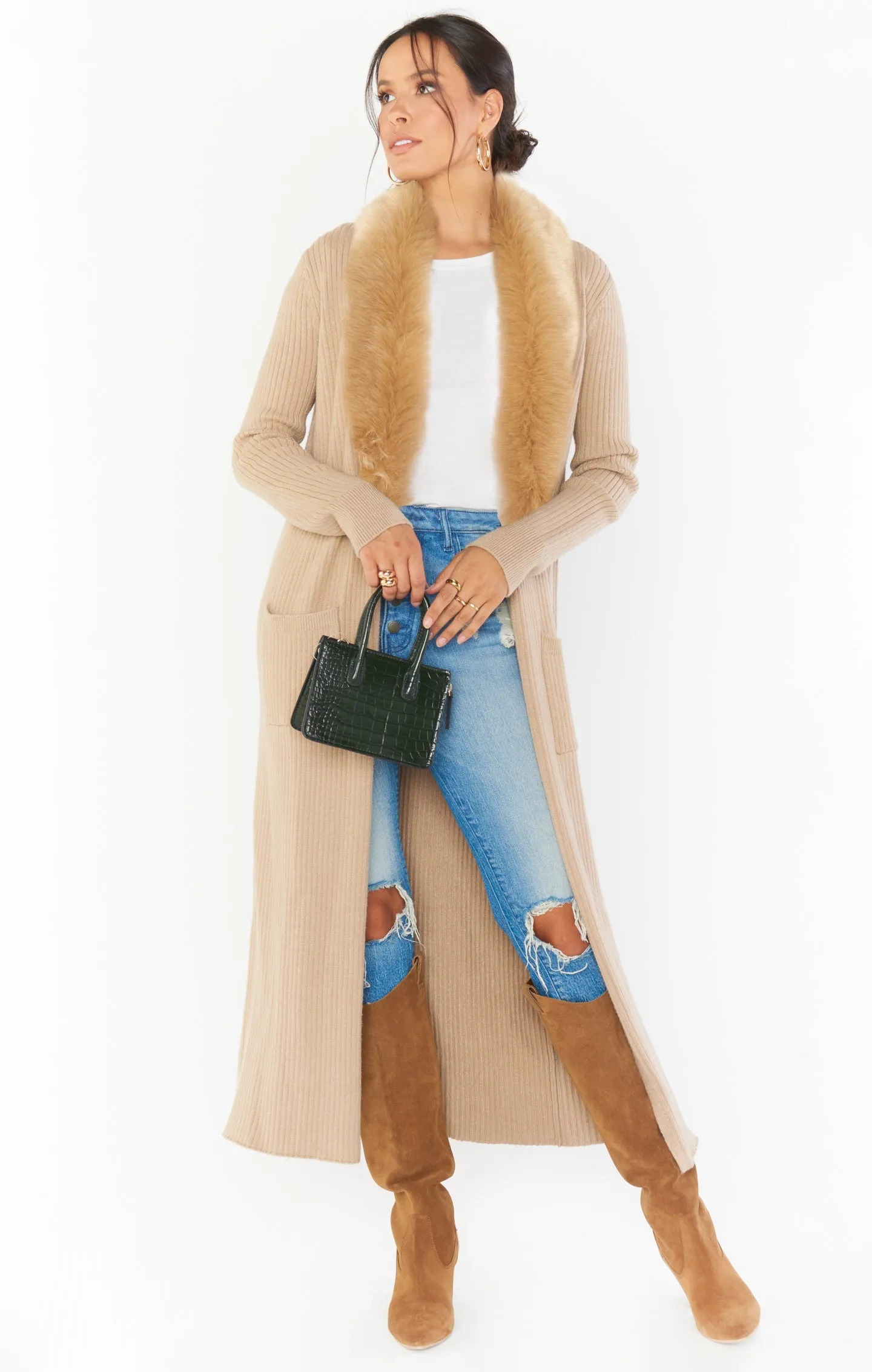 Lombardi Long Cardi ~ Taupe with Faux Fur