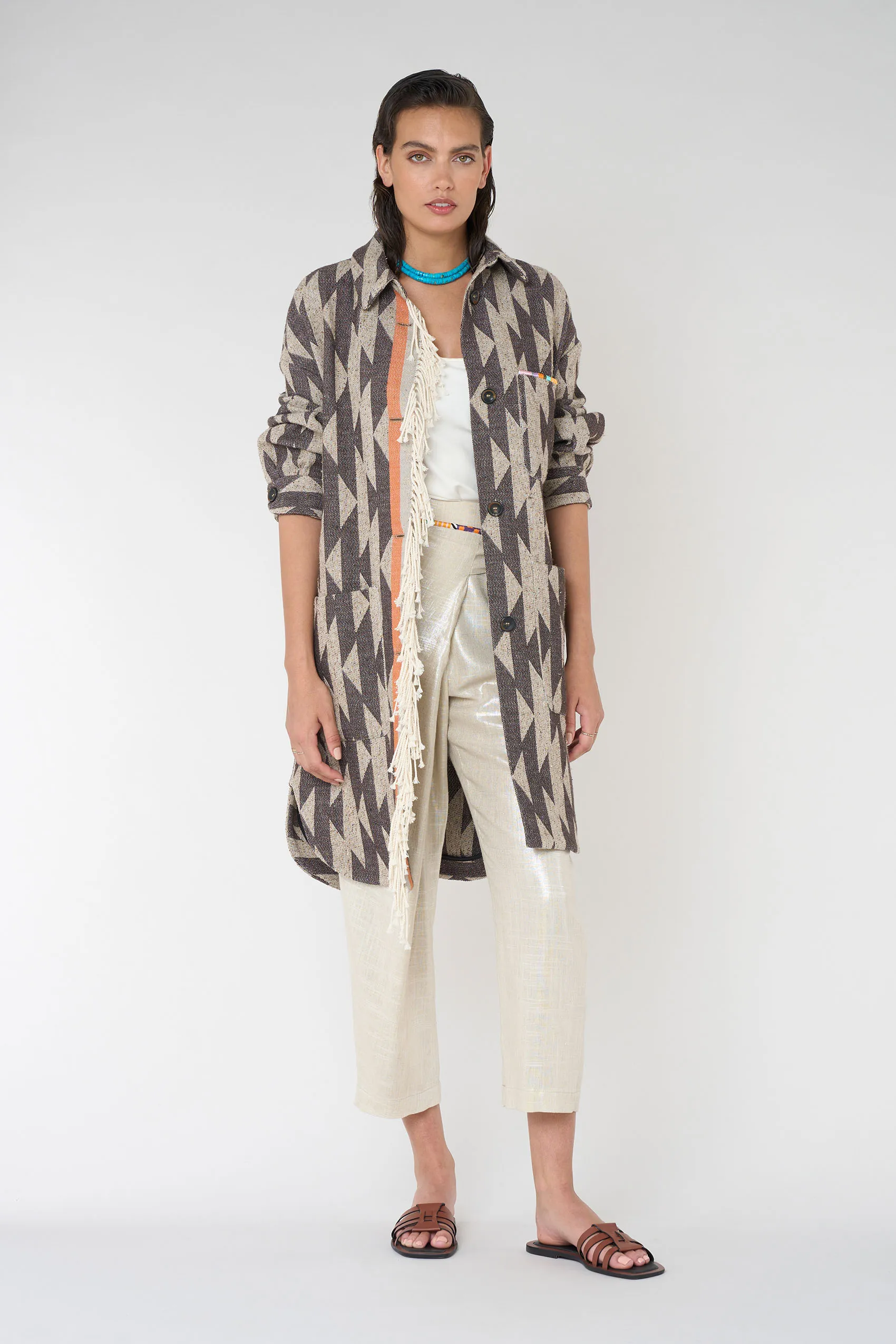 Long printed jacket with fringes 